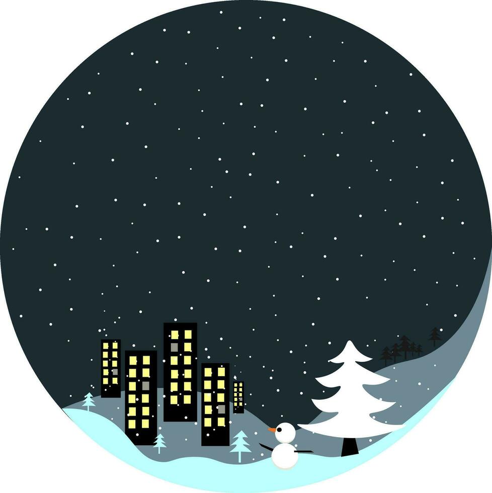 Portrait of a winter town at night over dark background vector or color illustration
