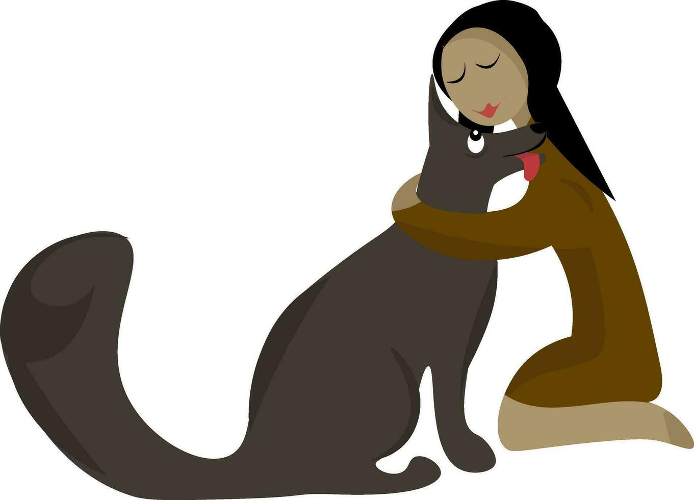 Clipart of a girl knelt to the ground and hugging a grey dog vector or color illustration