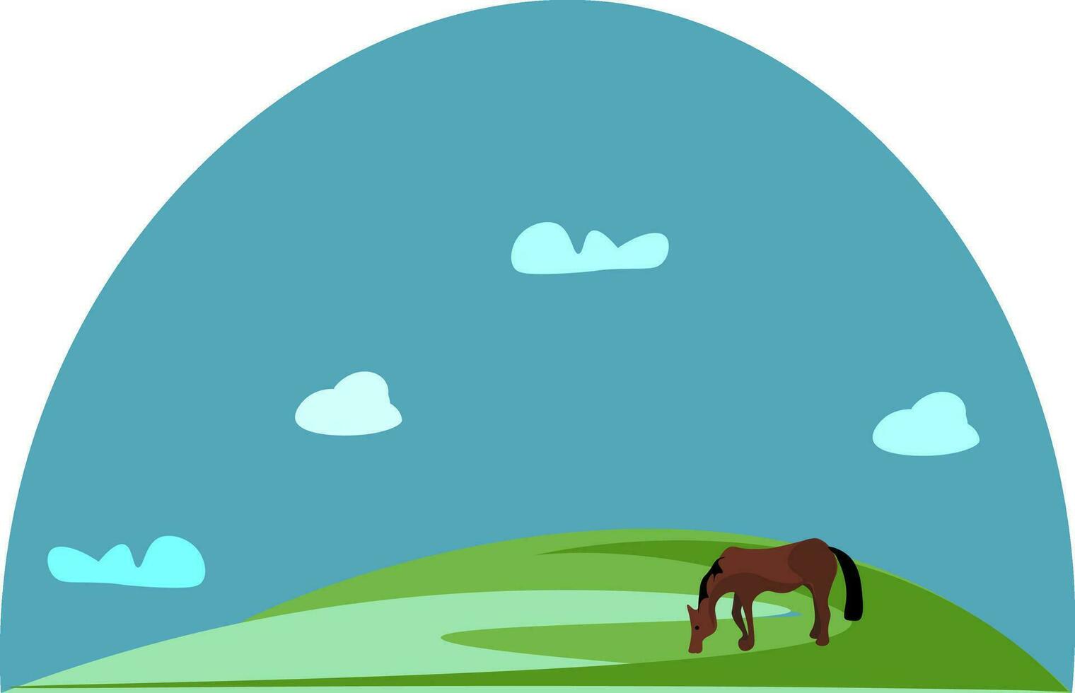 Portrait of a grazing brown horse in green grasslands vector or color illustration