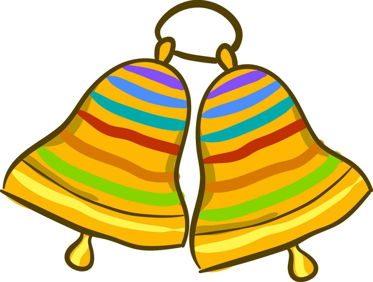 Painting of two ringing golden bells with multi-colored bands design vector or color illustration