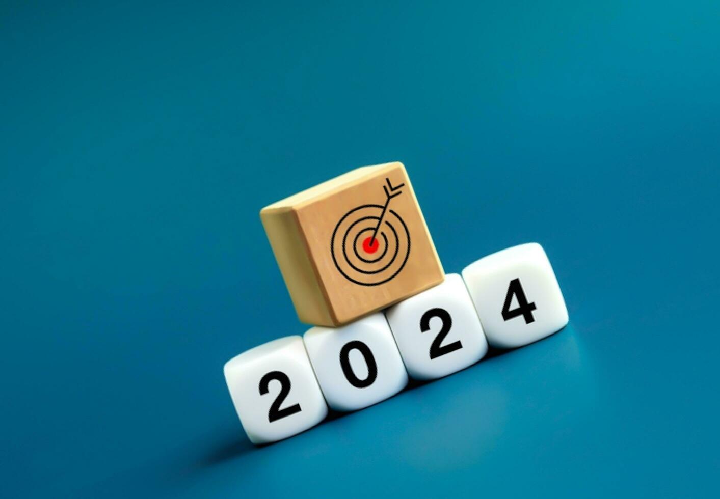 Happy new year 2024, 3d earth orb with digital world map placed on white block stack with 2024 year numbers with searching icon and rising arrow, trend growth graph on blue background. photo