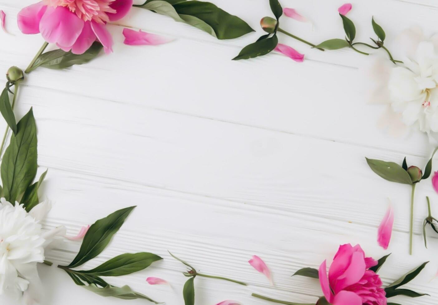 Pink and white peonies on a white wooden background, copy space, flat lay, greeting card. Valentine gift. valentine background photo