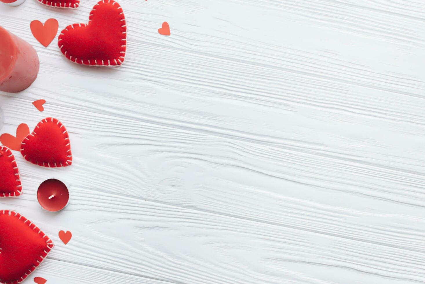 Valentines day concept. Hand make yarn red heart beside wooden block calendar set on Valentines date 14 February on table and bright room background. Happy valentine day. photo