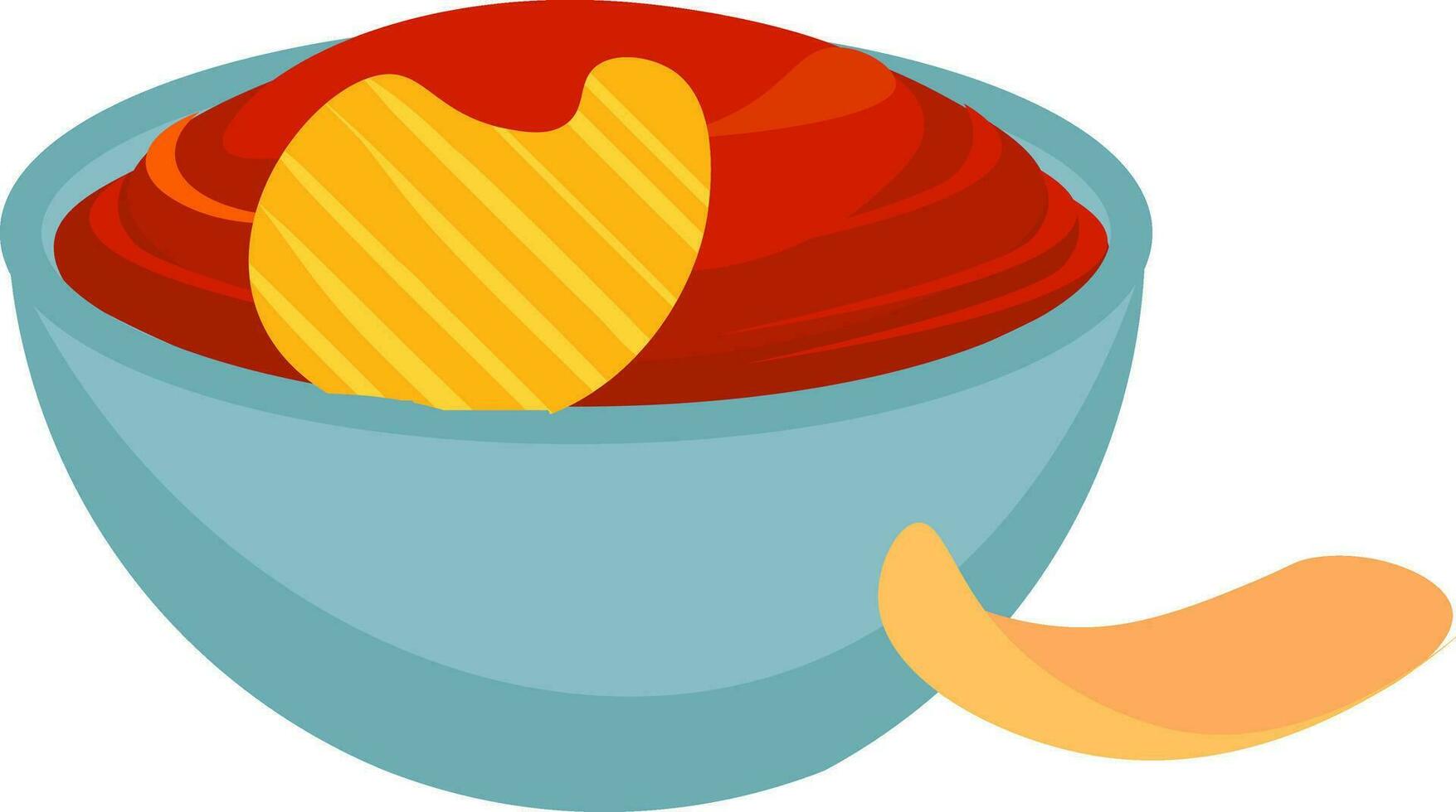 A giant blue bowl filled with sauce and garnished with a single potato chip vector or color illustration