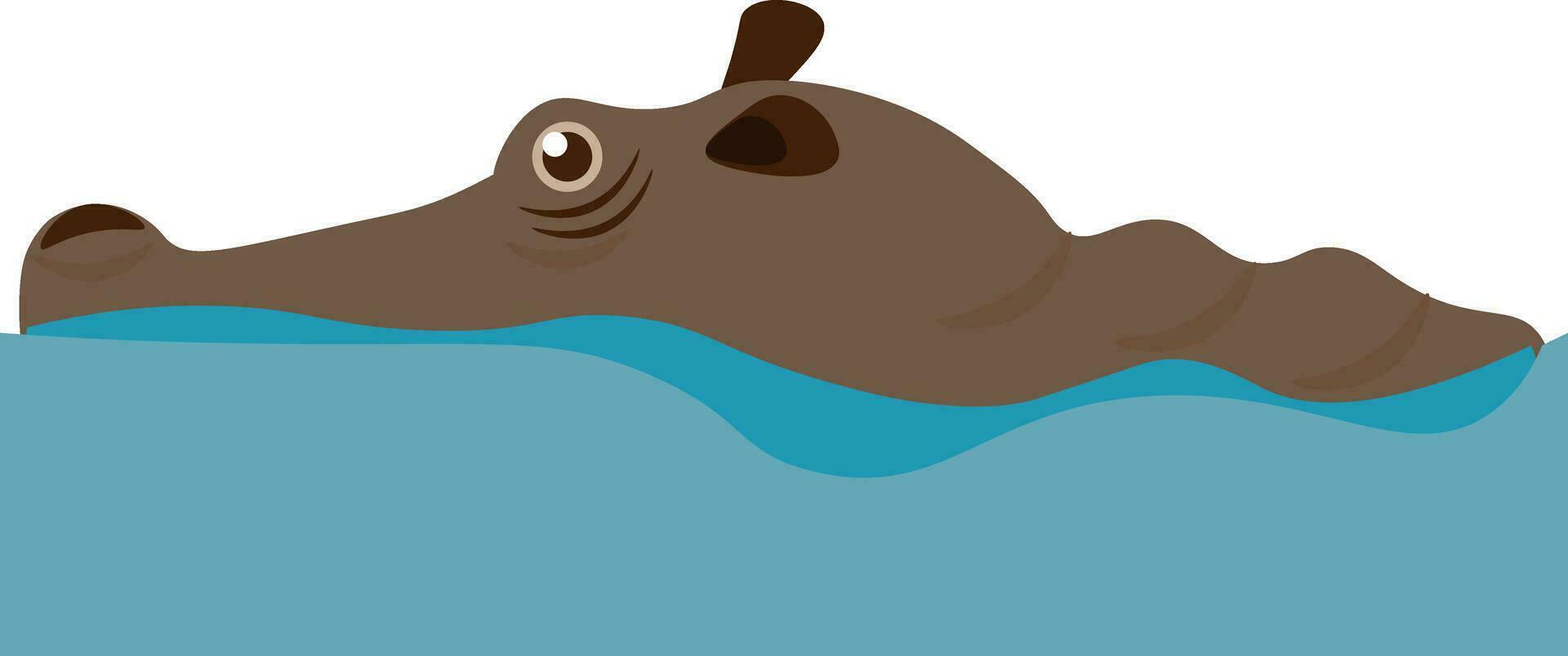 Cartoon brown hippo swimming in the water of a pond vector or color illustration