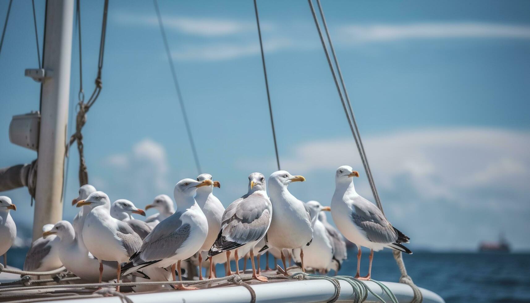 ai generado gaviotas volador libremente terminado el azul mar, naturaleza navegación compañeros generado por ai foto