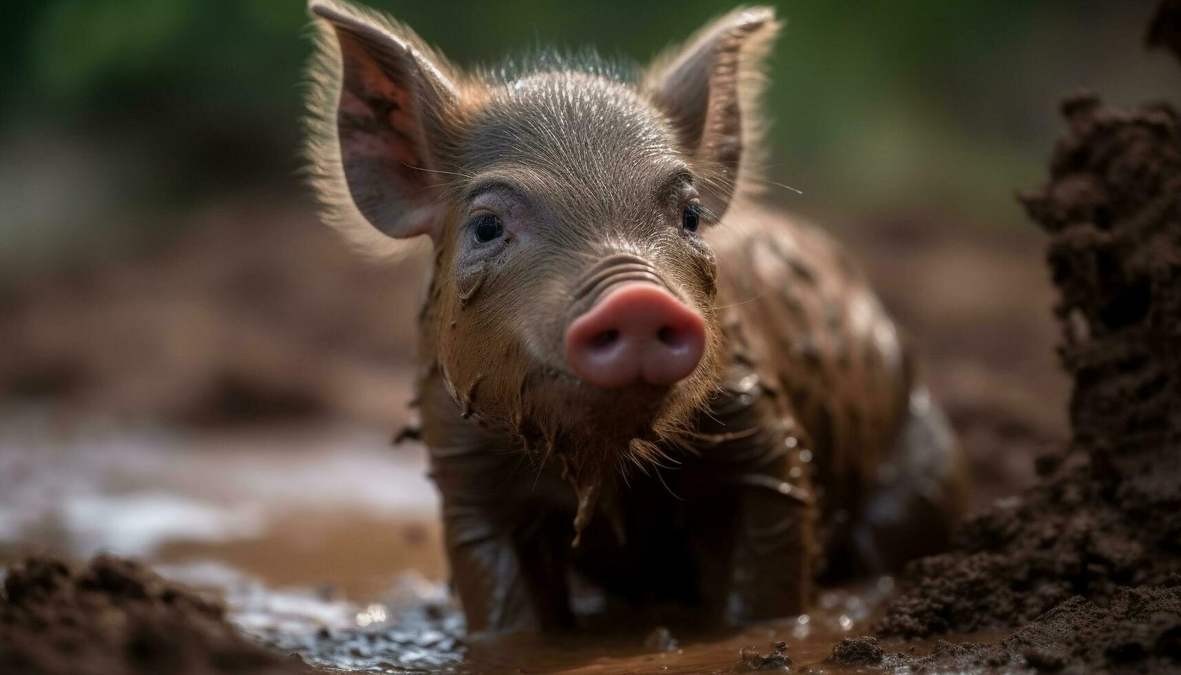 AI generated Cute piglet in mud, outdoors on farm, surrounded by nature generated by AI photo