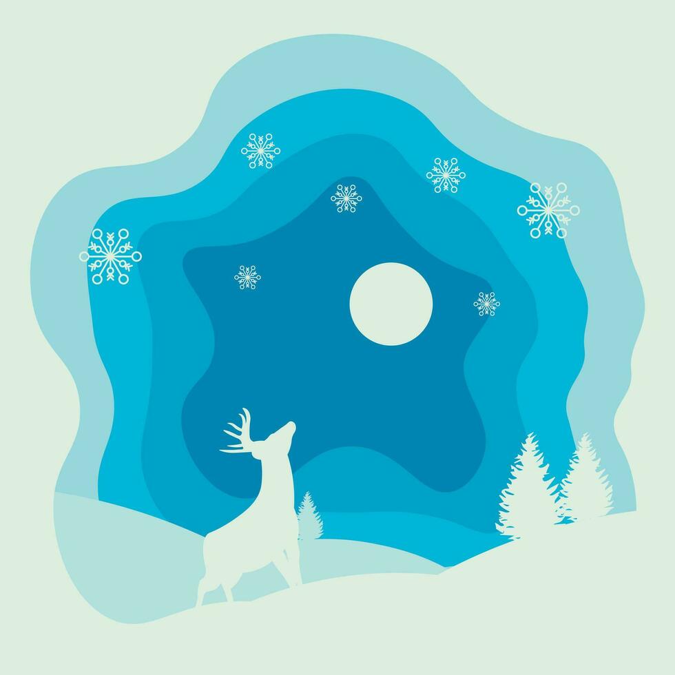 Background design with winter paper cut composition with deer and pine trees vector