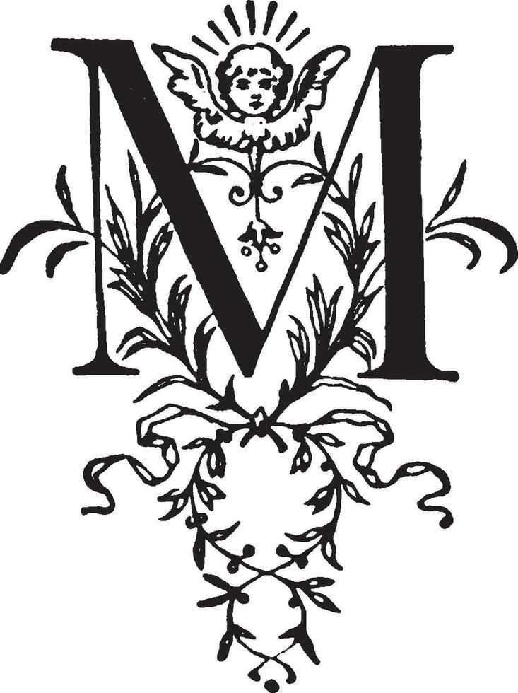 M, Floral initial, vintage illustration vector