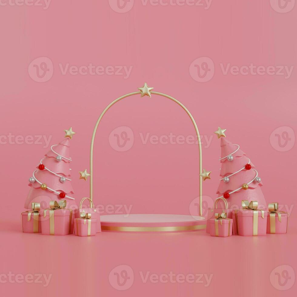 Christmas banner for product demonstration. blank pedestal or podium with bauble, candy cane and Christmas tree on pink background. 3d render illustration photo