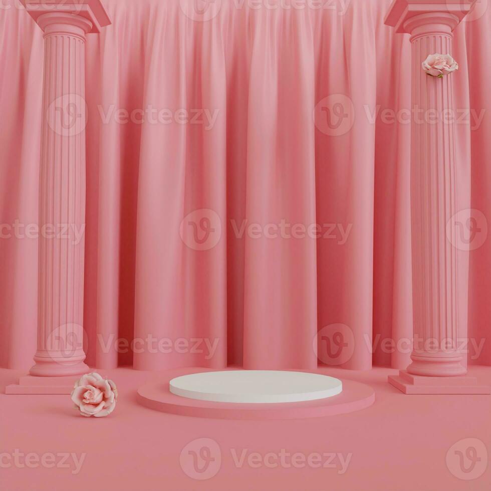 product display podium with gift balloons, flowers bouquet, gift boxes and curtains on pink background for valentines day, birthday and anniversary. 3d rendering illustration photo