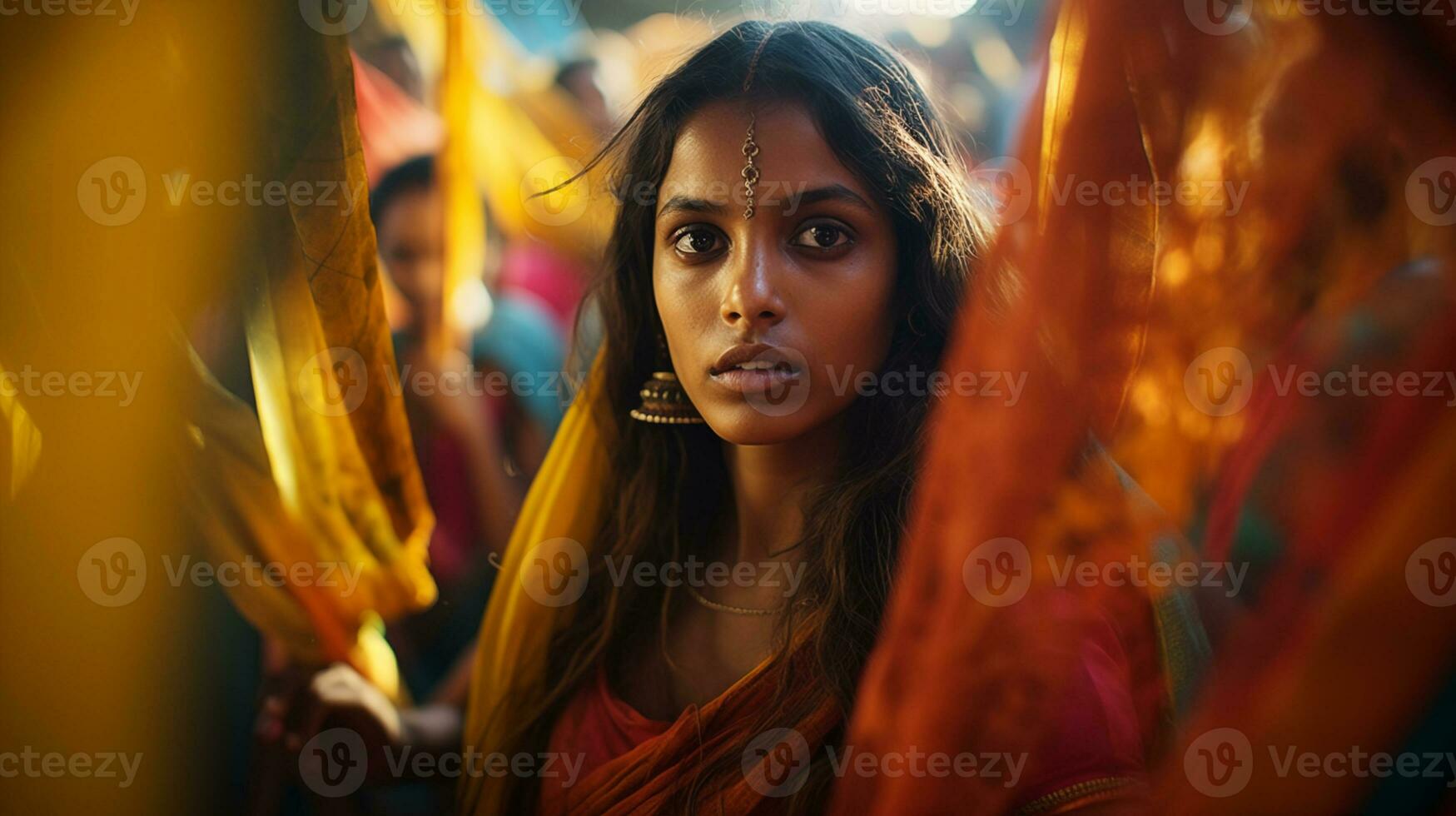 AI generated Indian Woman amidst Saffron Drapes AI generated photo