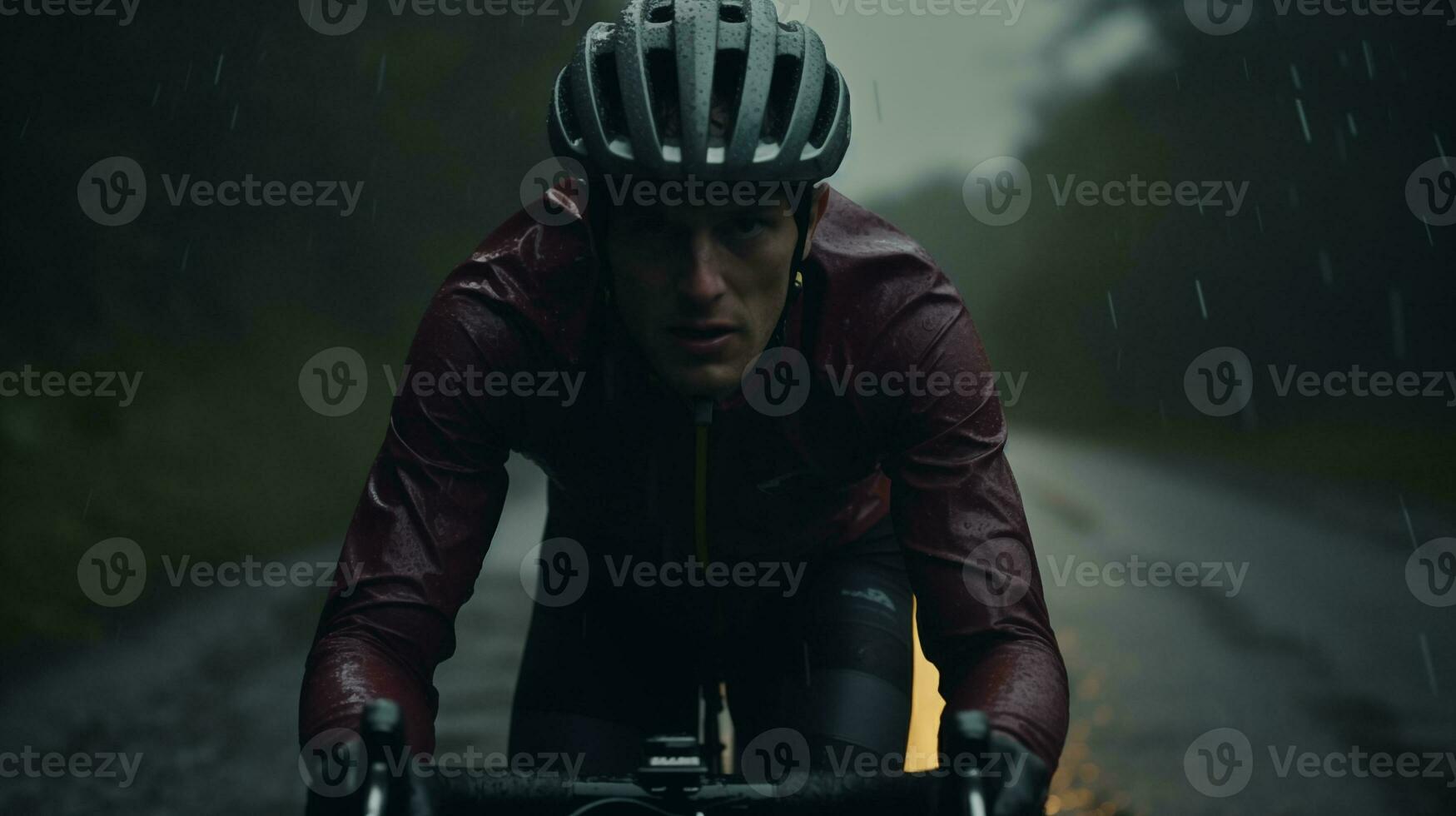 ai generado ciclista valiente lluvioso clima ai generado foto