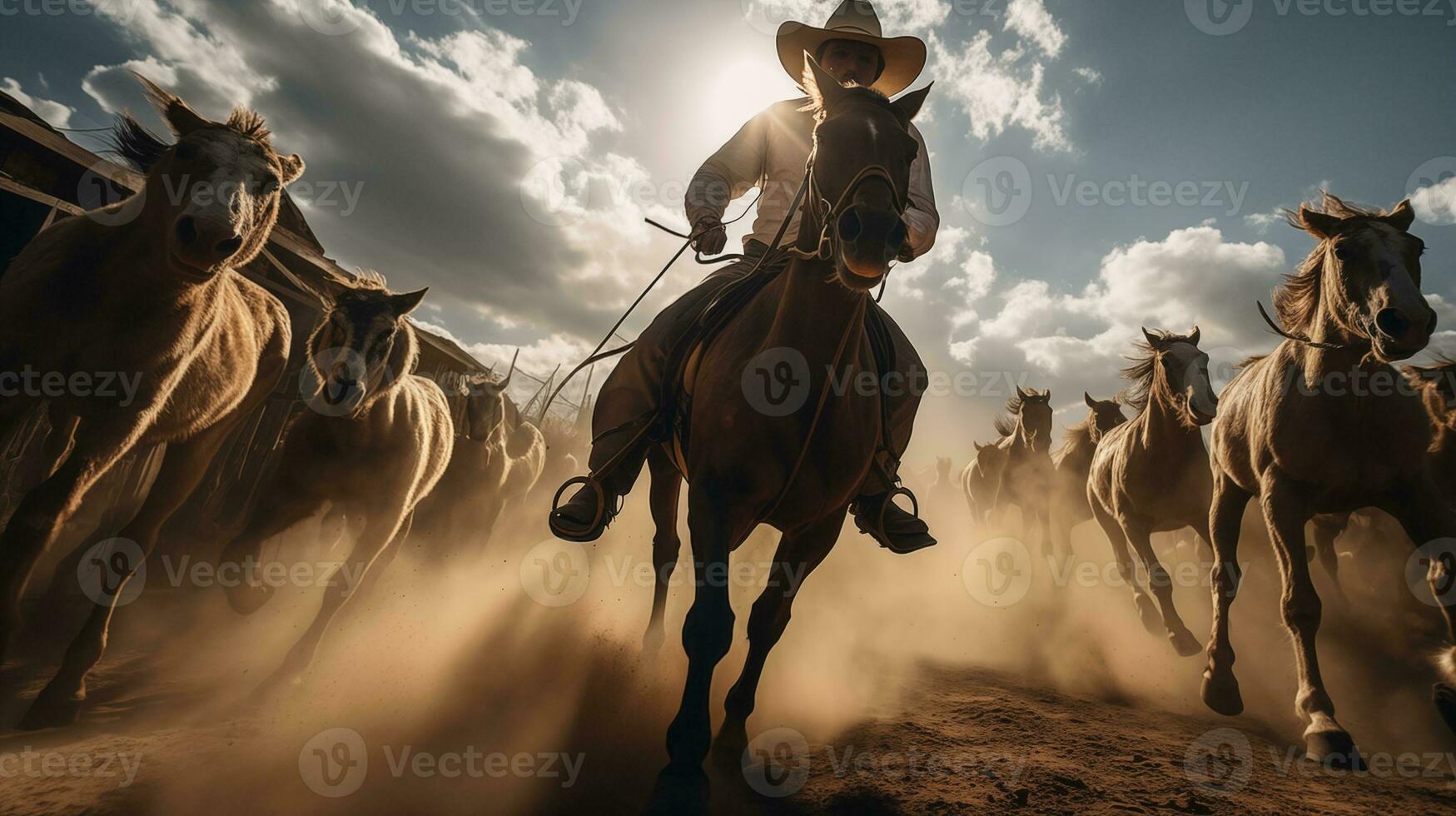 AI generated Cowboy Leading Horse Herd in Dusty Terrain AI generated photo