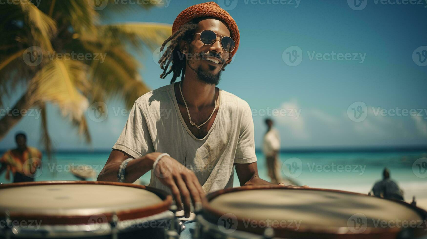 AI generated Drummer Smiling on Tropical Beach AI generated photo