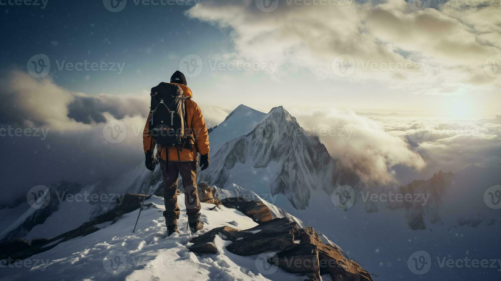 AI generated Mountaineer Overlooking Snow-Covered Peaks AI generated photo