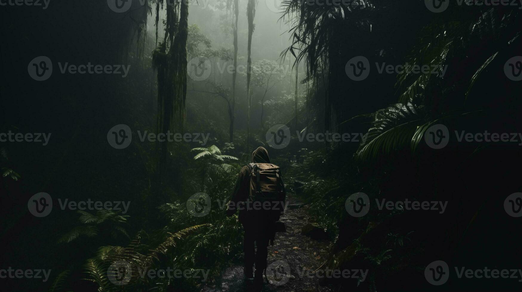 AI generated Solitary Hiker in Dense Rainforest AI generated photo