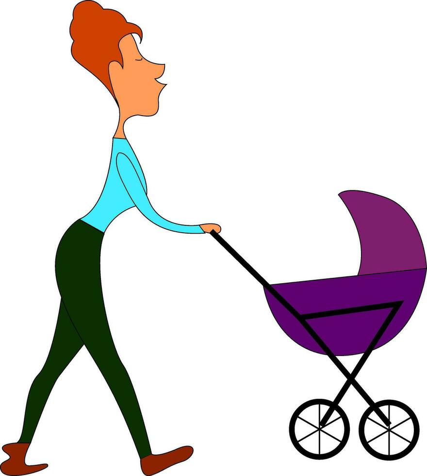 Clipart of a beautiful mommy pushing the stroller carrying her baby, vector or color illustration