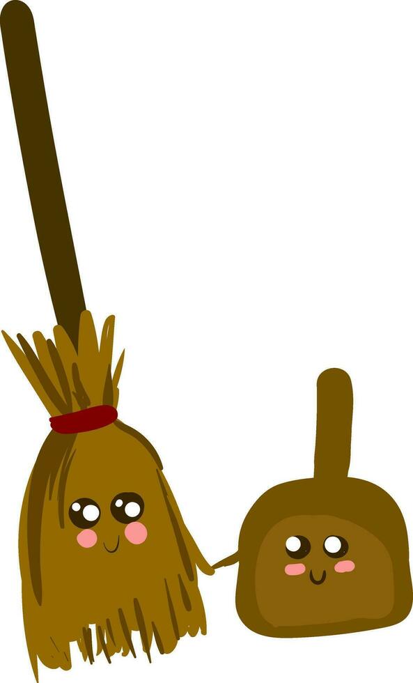 Emoji of a happy broomstick and a dustpan, vector or color illustration