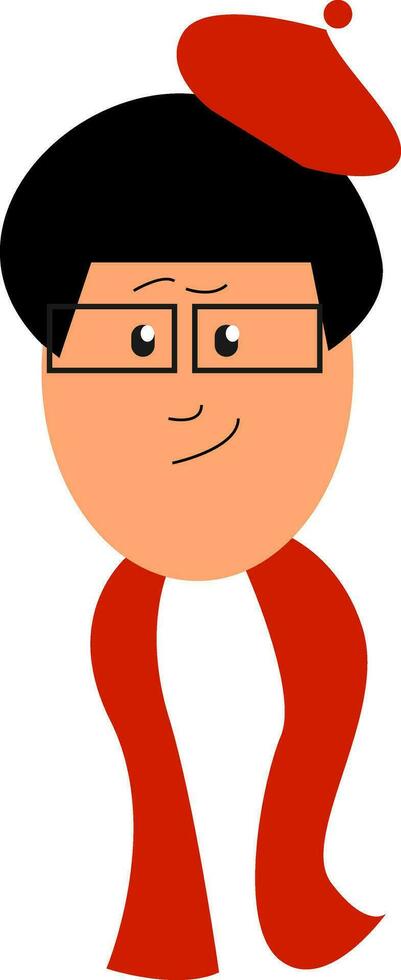 Clipart of a man in a small red hat over white background, vector or color illustration