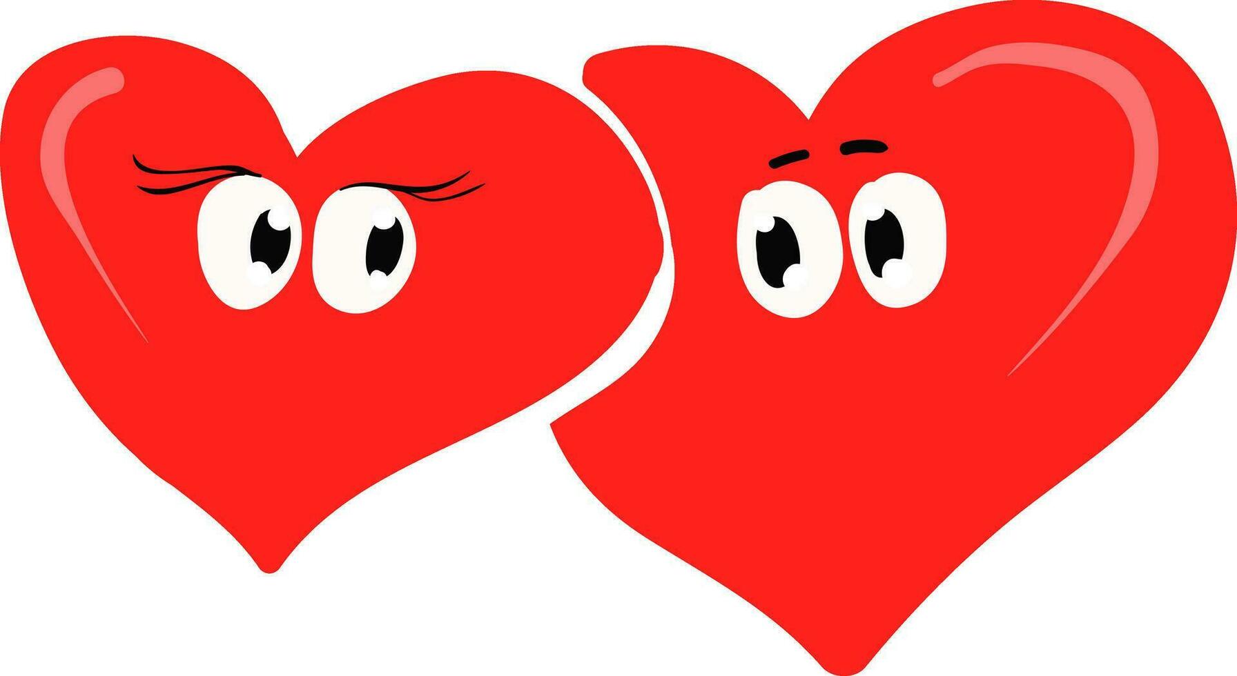 Clipart of two red hearts standing one beside the other love each other as their eyes rolled down vector or color illustration