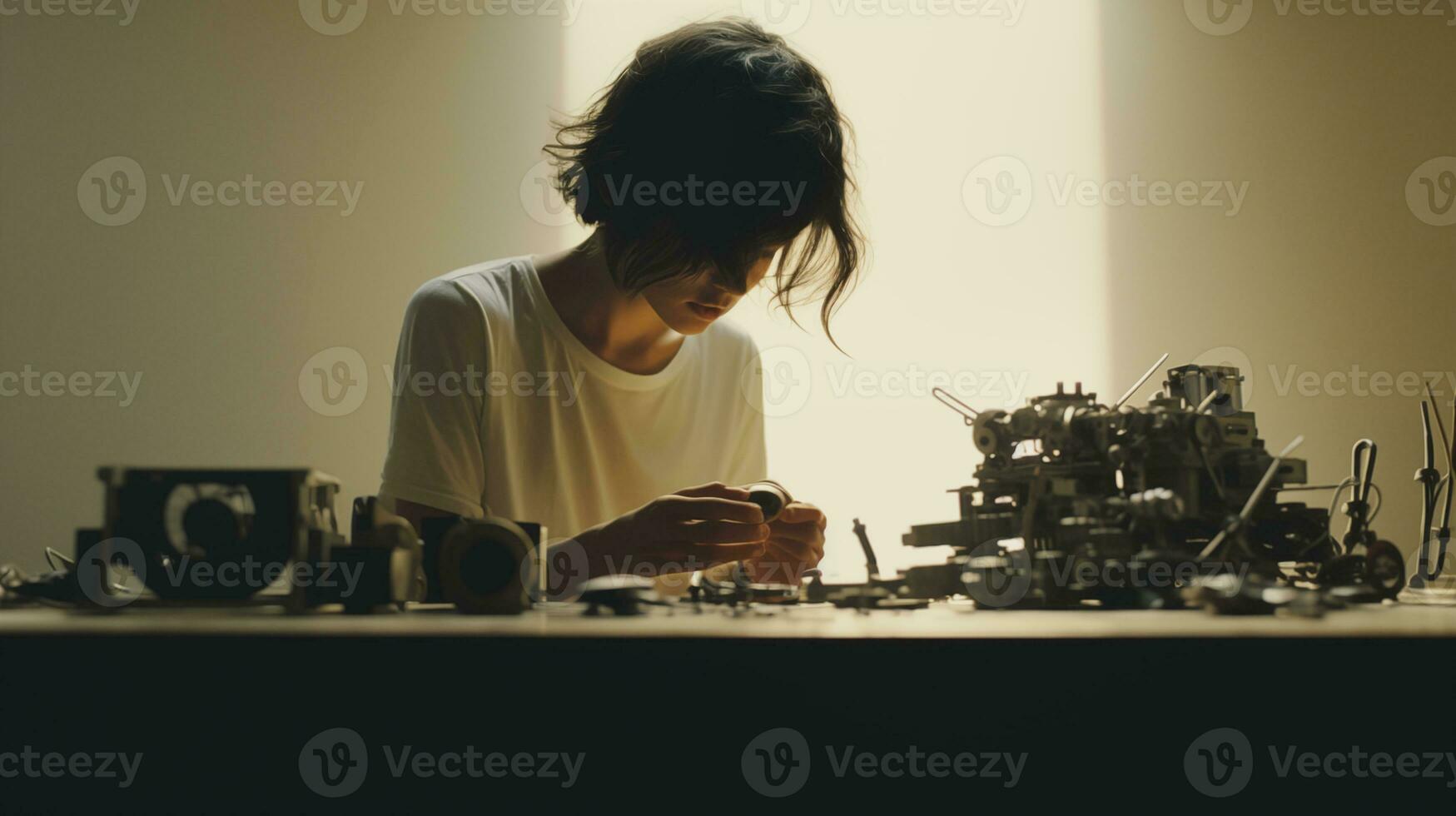 AI generated Woman Focused on Intricate Machine Assembly AI generated photo