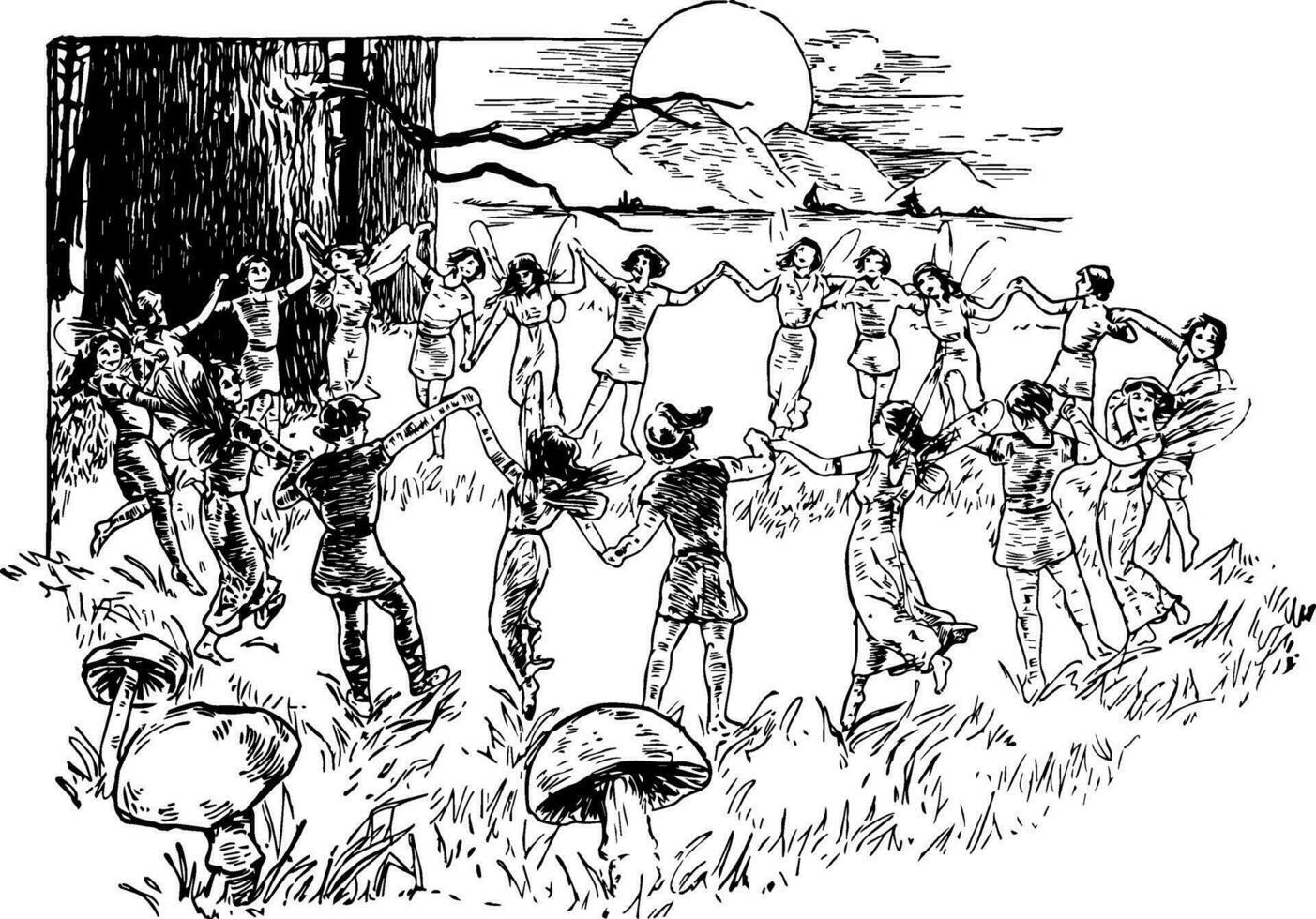 Elves and Fairies Dancing Germanic mythology vintage engraving. vector