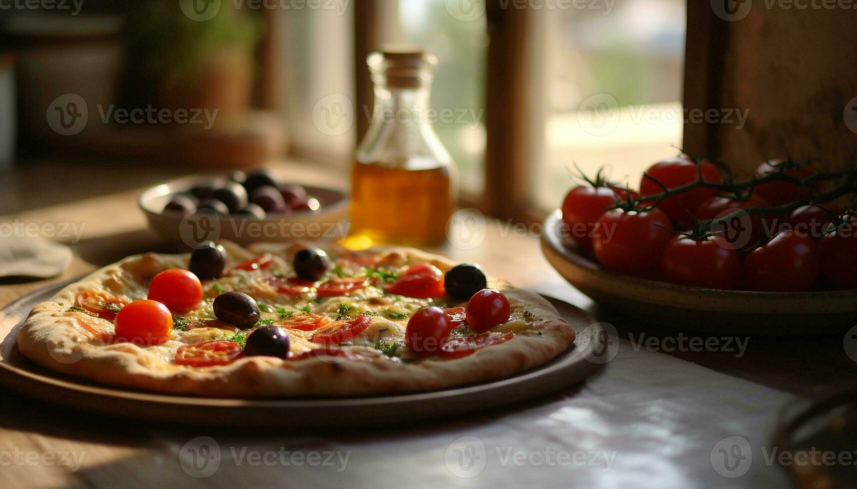AI generated Freshness on a wooden table homemade pizza with mozzarella and olives generated by AI photo