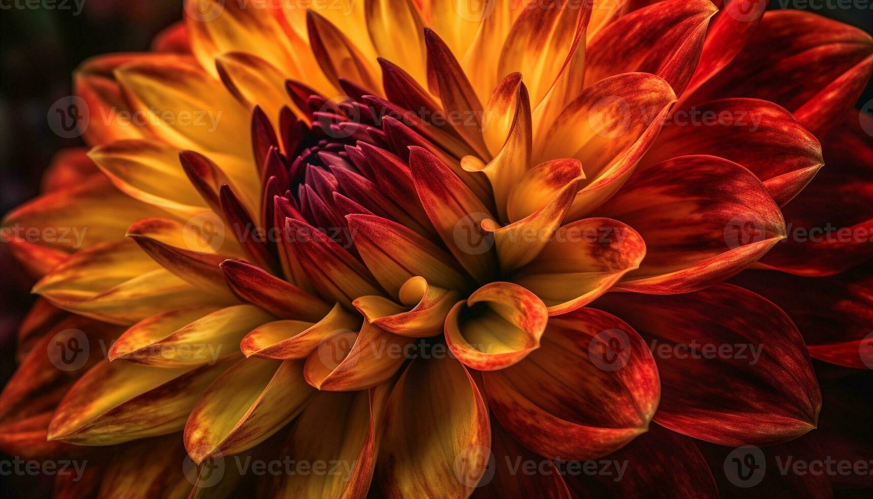 AI generated Close up of a vibrant, multi colored dahlia flower in nature generated by AI photo