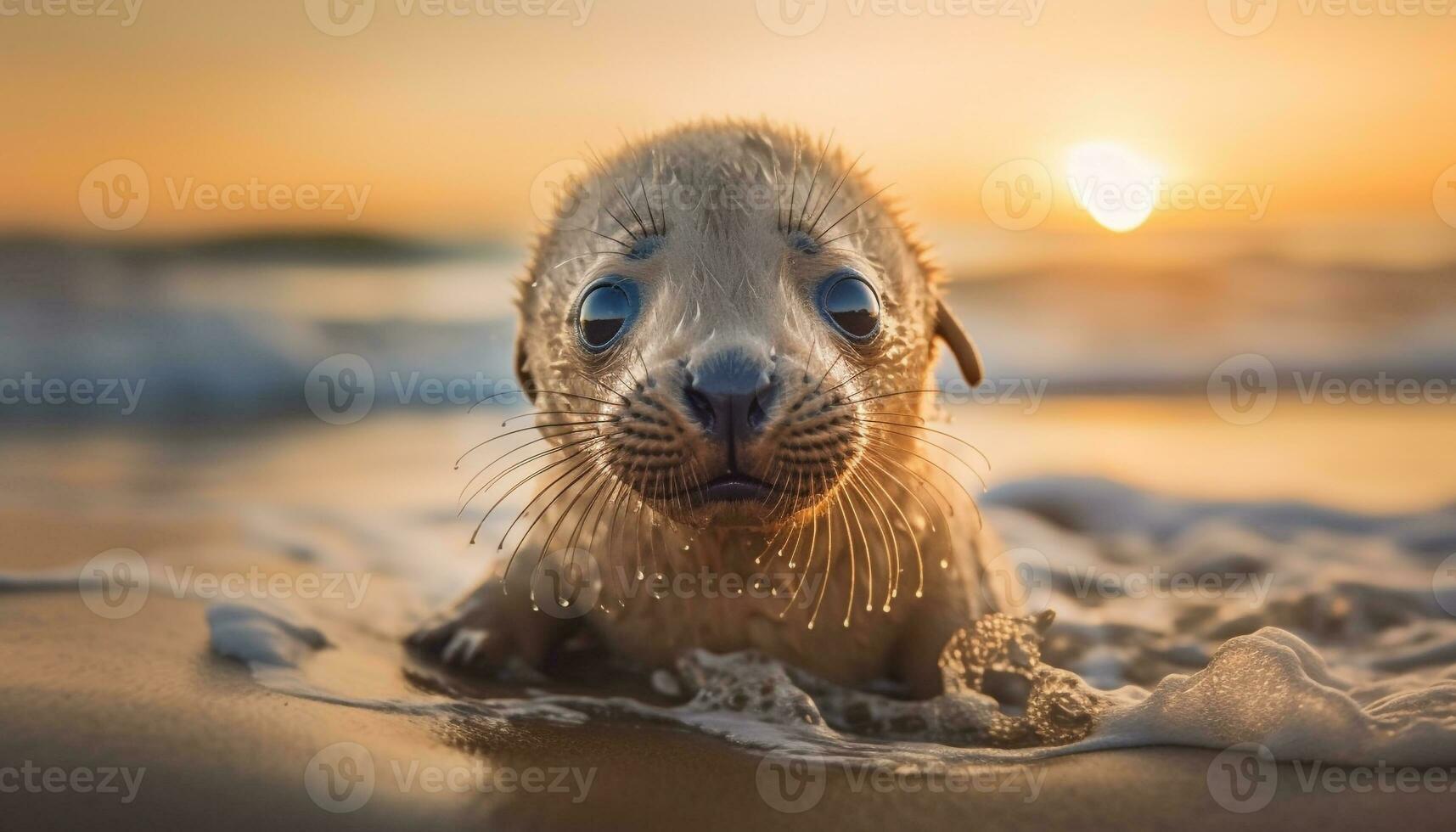 AI generated Cute seal on sandy beach, looking at camera, enjoying sunset generated by AI photo