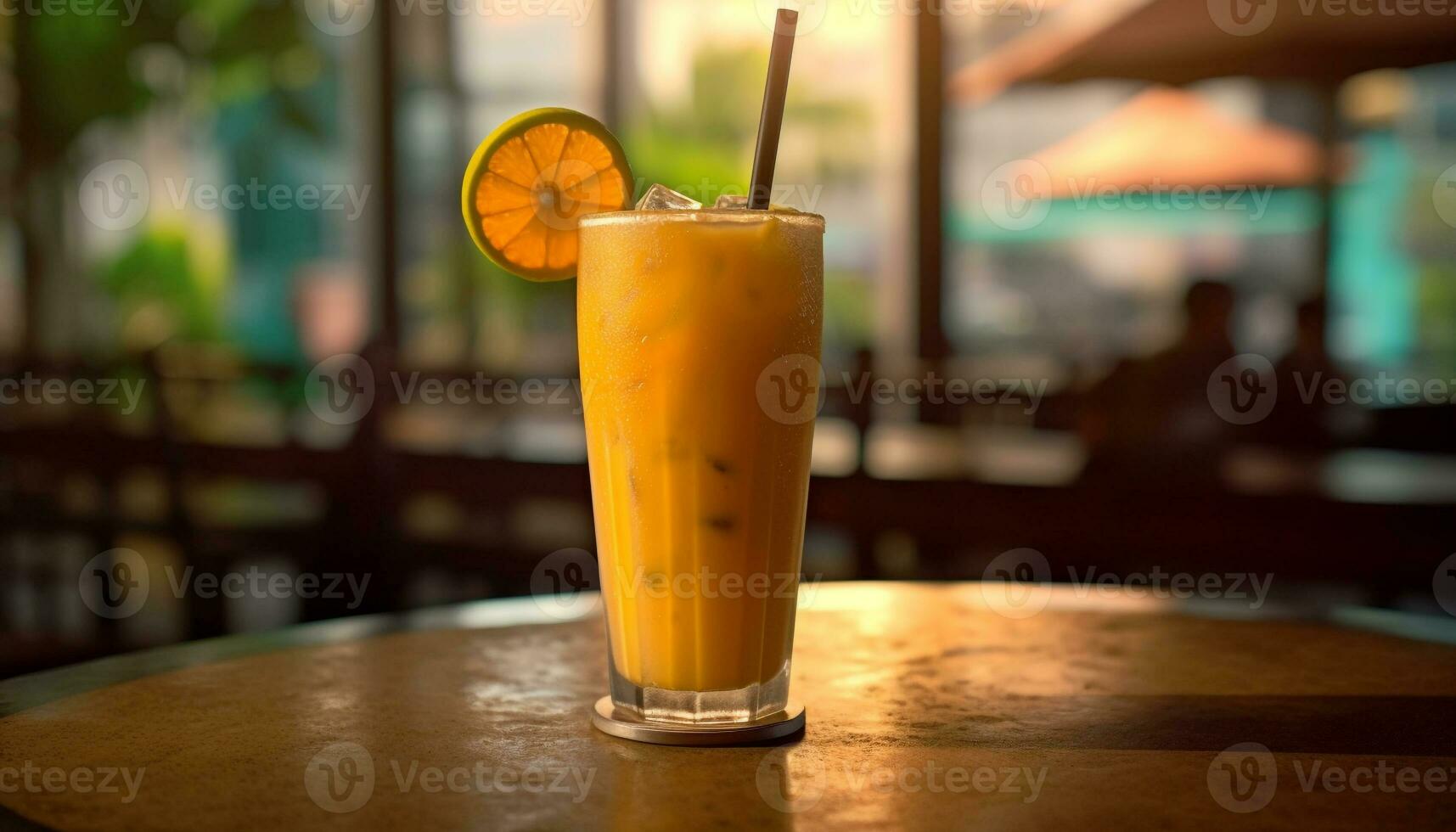 ai generado refrescante cóctel en de madera mesa con hielo, fruta, y Paja generado por ai foto