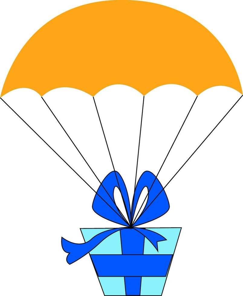 Cartoon parachute carrying blue gift box set isolated on white background viewed from the front, vector or color illustration