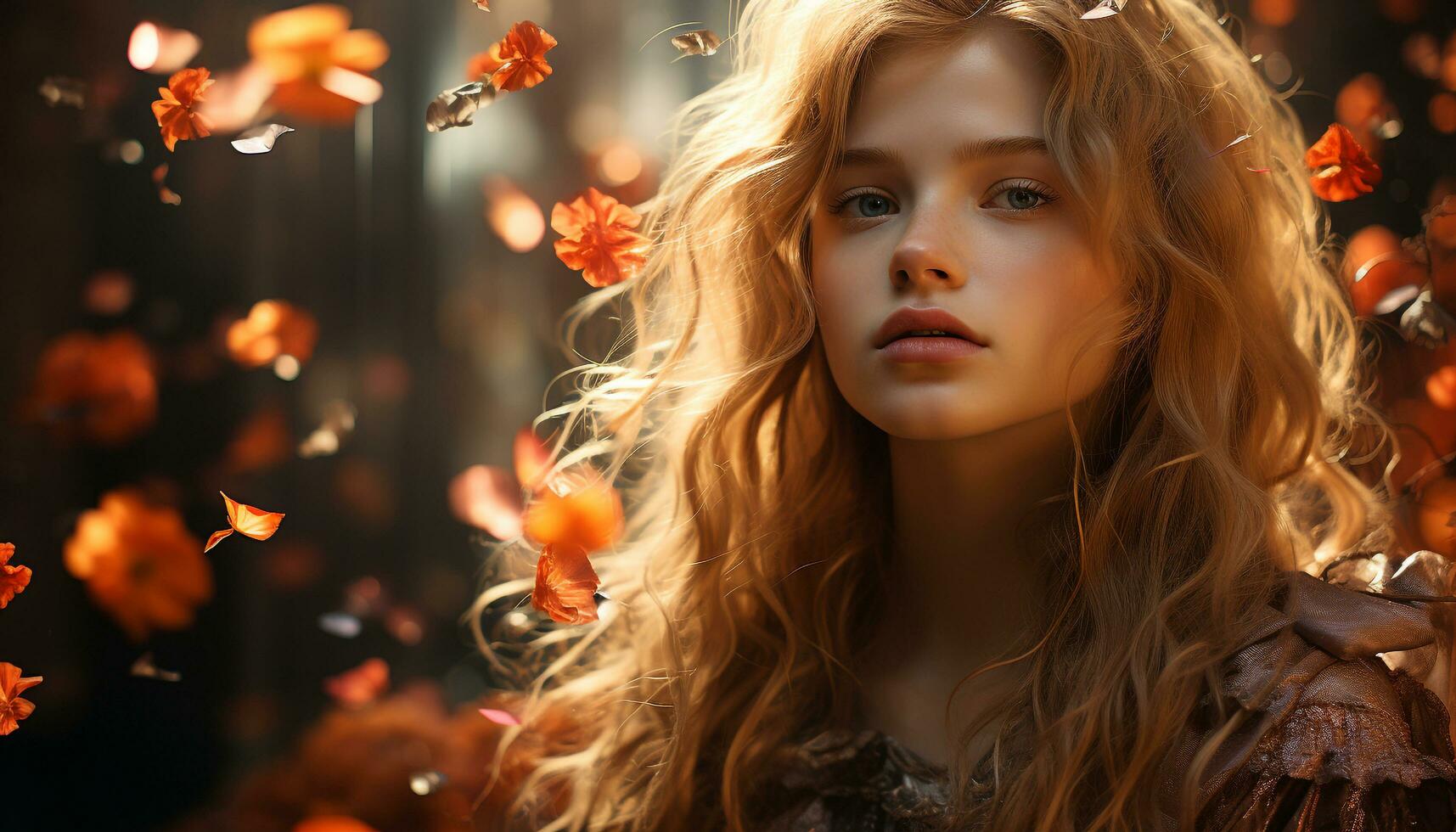 AI generated One beautiful woman smiling, looking at camera, enjoying autumn outdoors generated by AI photo