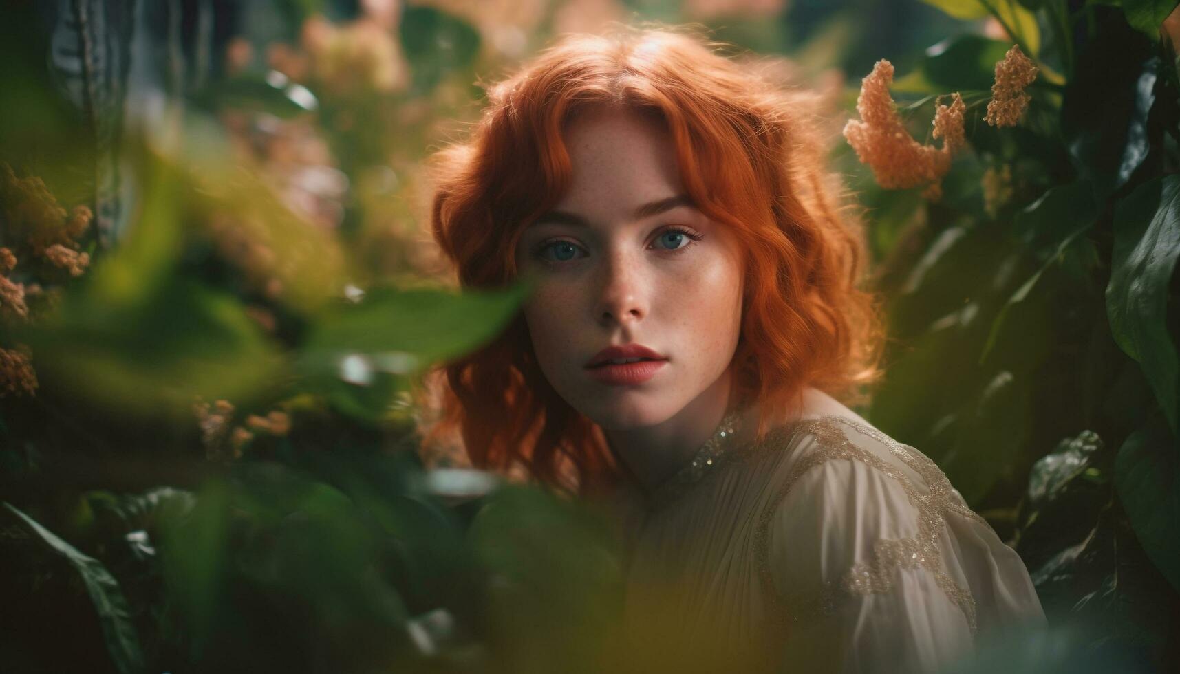 AI generated A beautiful young redhead woman in the forest, looking at camera generated by AI photo