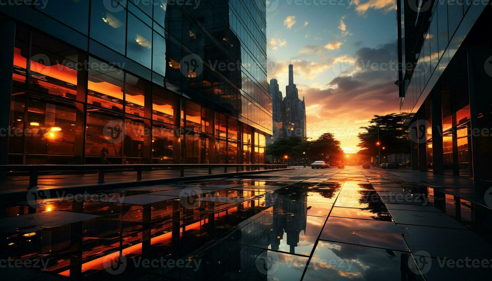 AI generated Night skyline reflects vibrant city life in modern architecture generated by AI photo