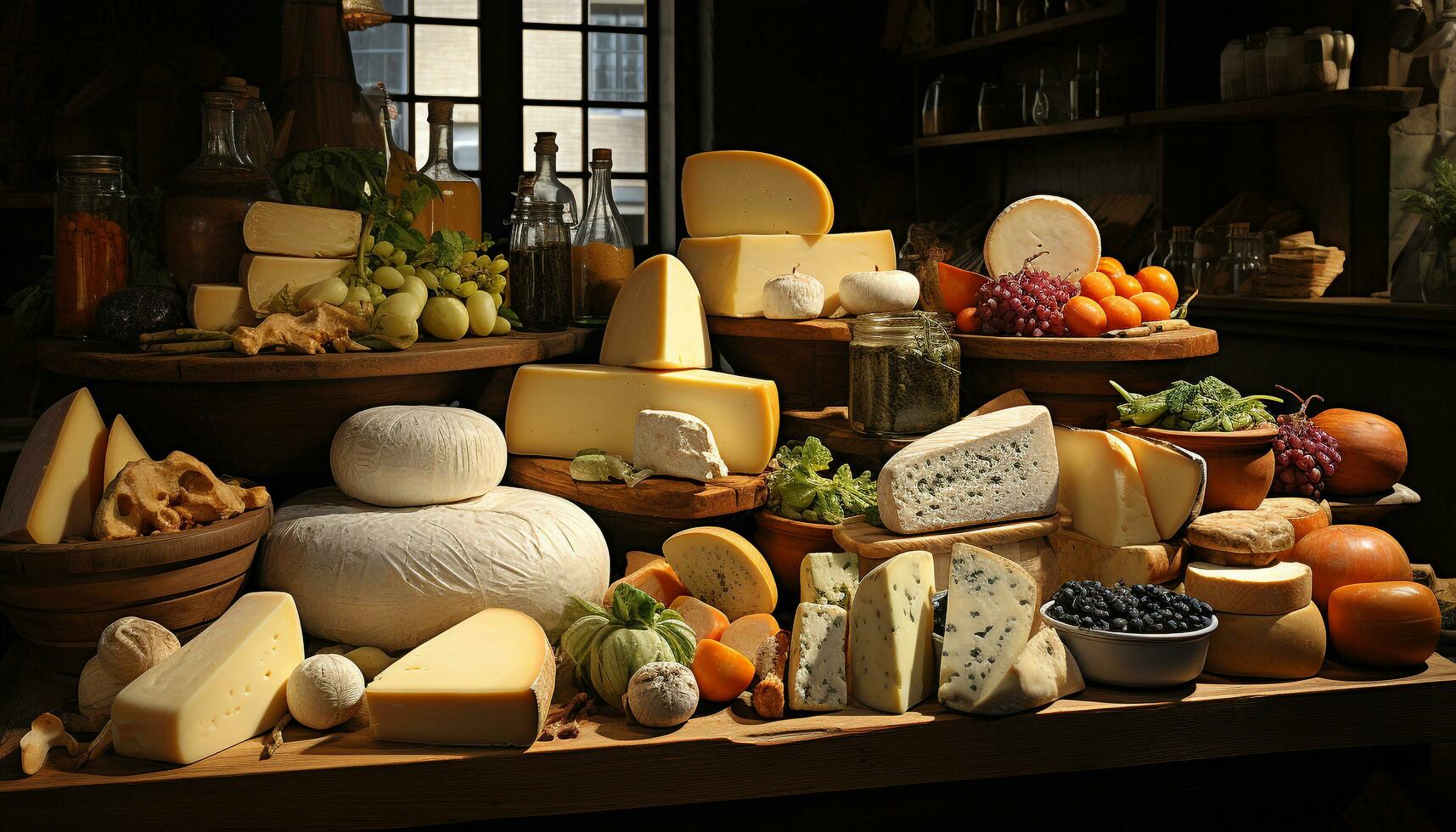 AI generated Variety of gourmet French cheeses on wooden shelf, fresh and healthy generated by AI photo