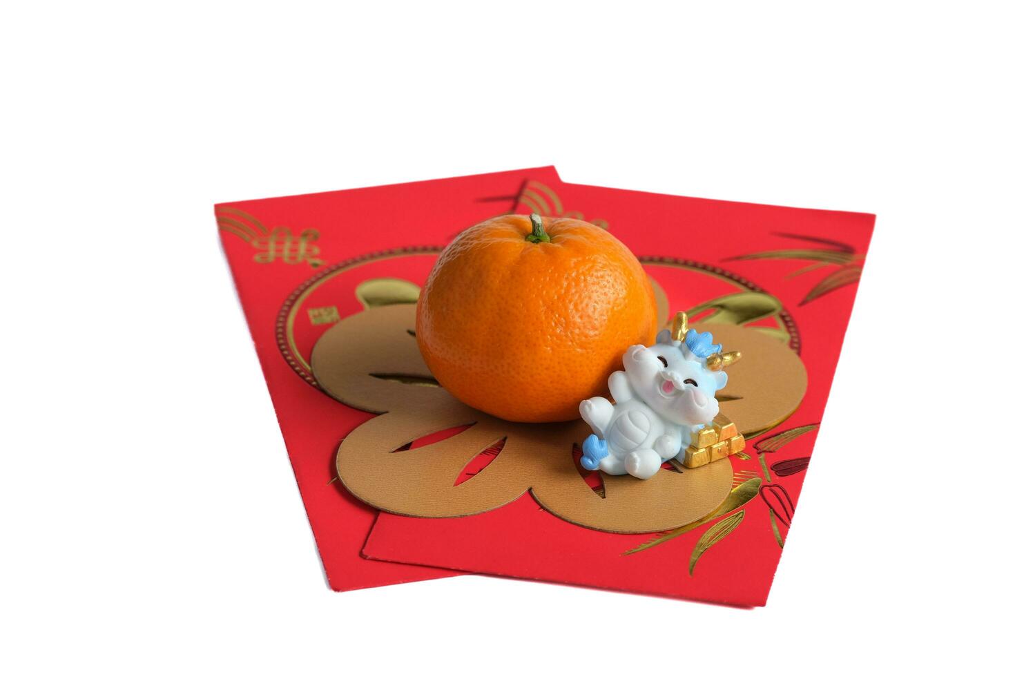 Happy New Year Chinese year of dragon 2024. Mandarin orange, dragon on red envelopes isolated on white background. photo