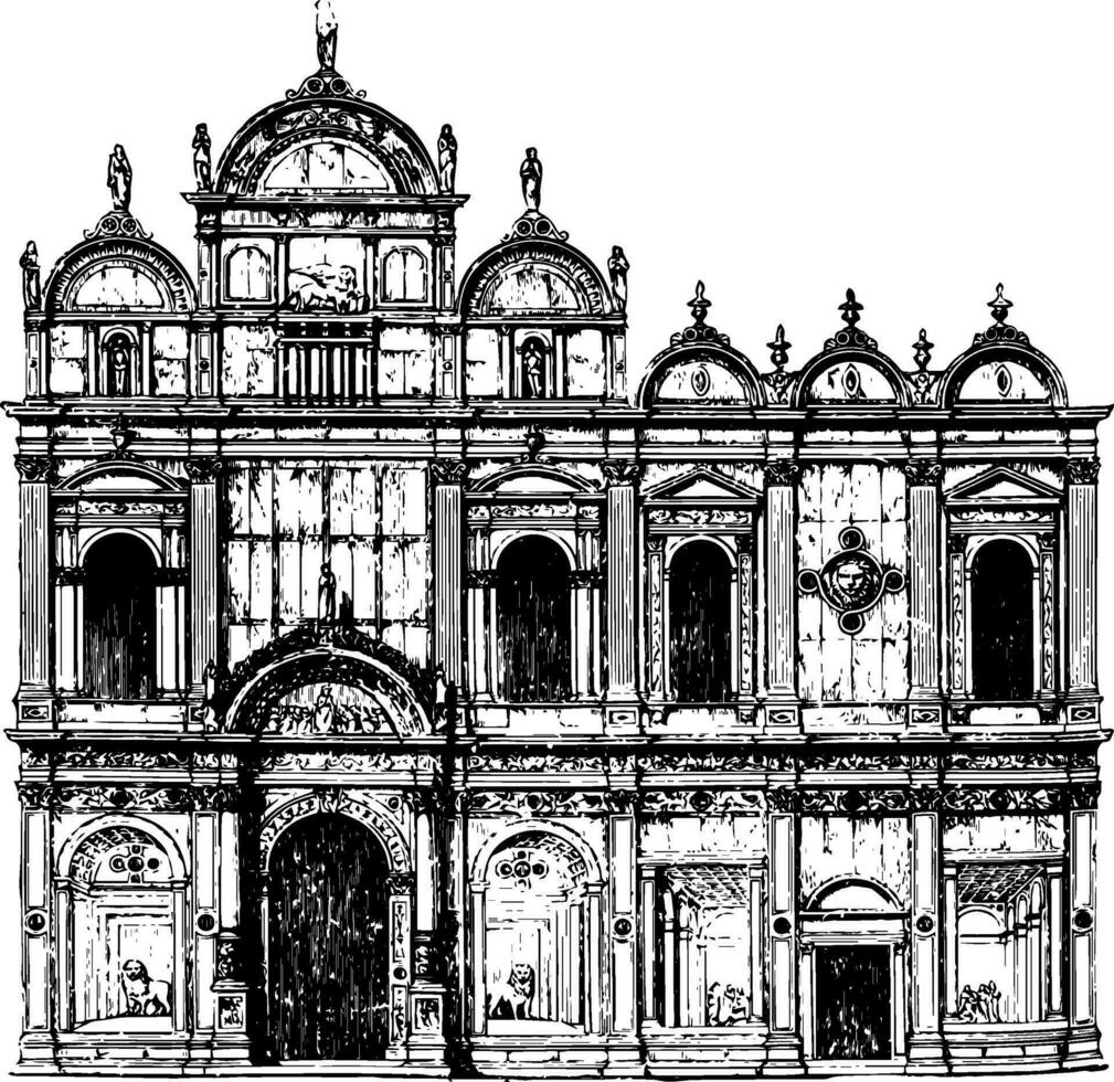 Scuola di San Marco method of decoration is peculiar to these buildings vintage engraving. vector