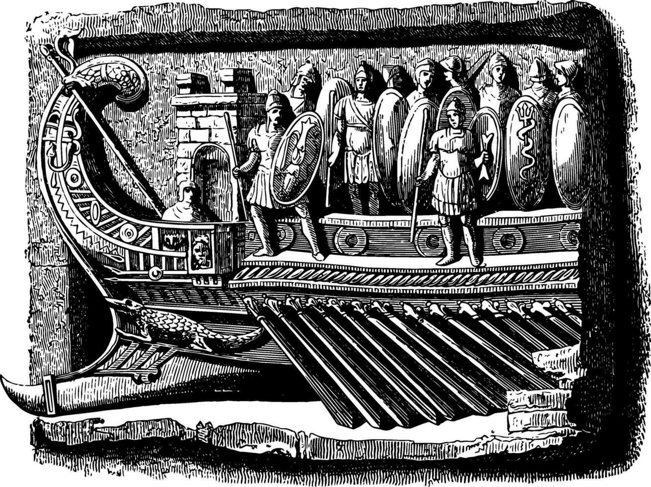 Sculpture is an ancient bas relief sculpture of a war galley vintage engraving. vector