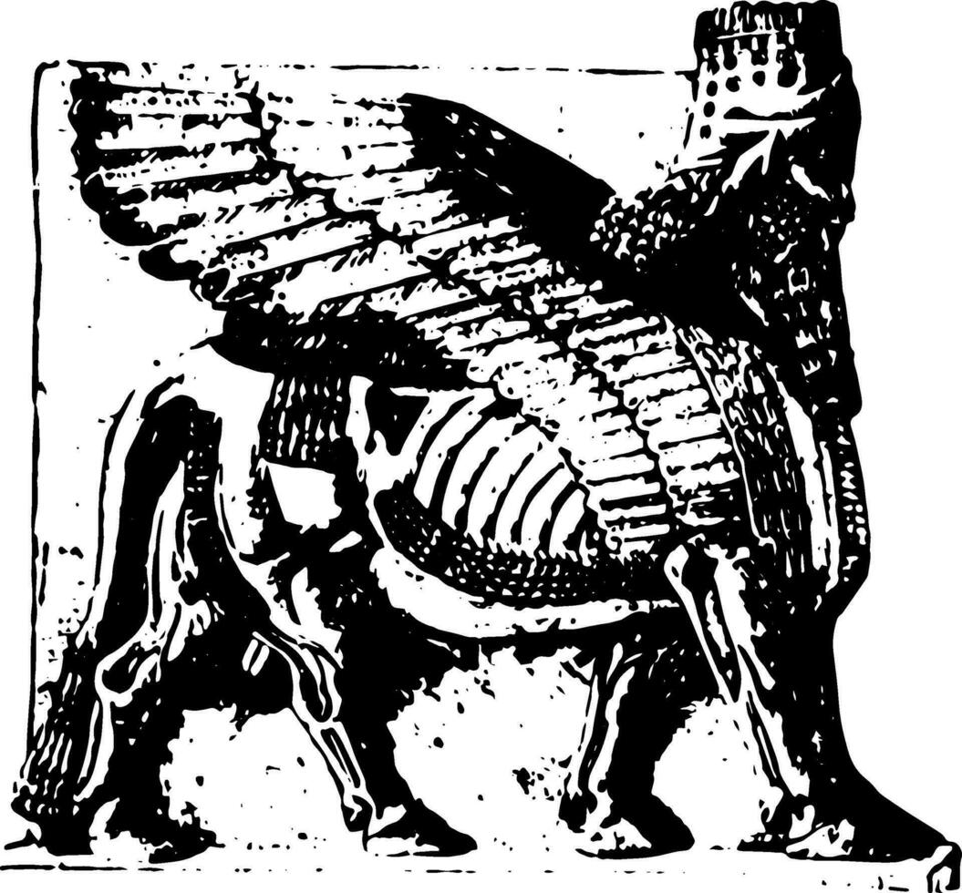 Assyrian Sculpture is an Assyrian winged bull from Khorsabad vintage engraving. vector