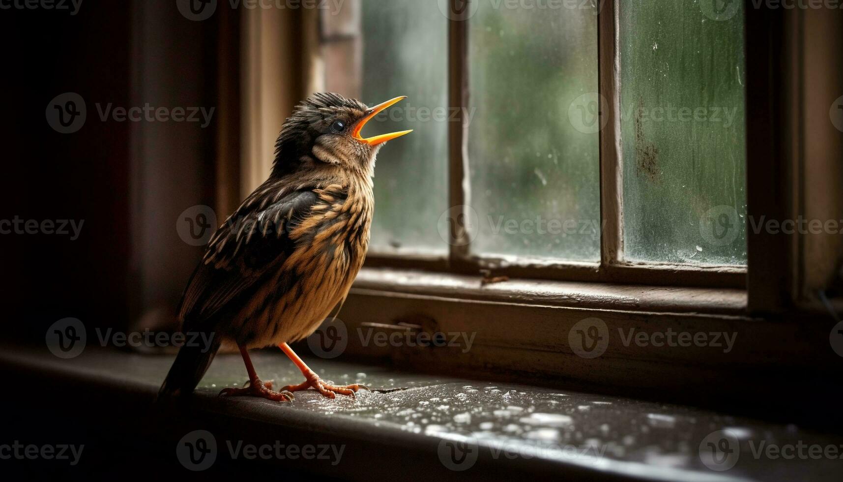 AI generated A cute starling perching on a snowy branch, looking at camera generated by AI photo