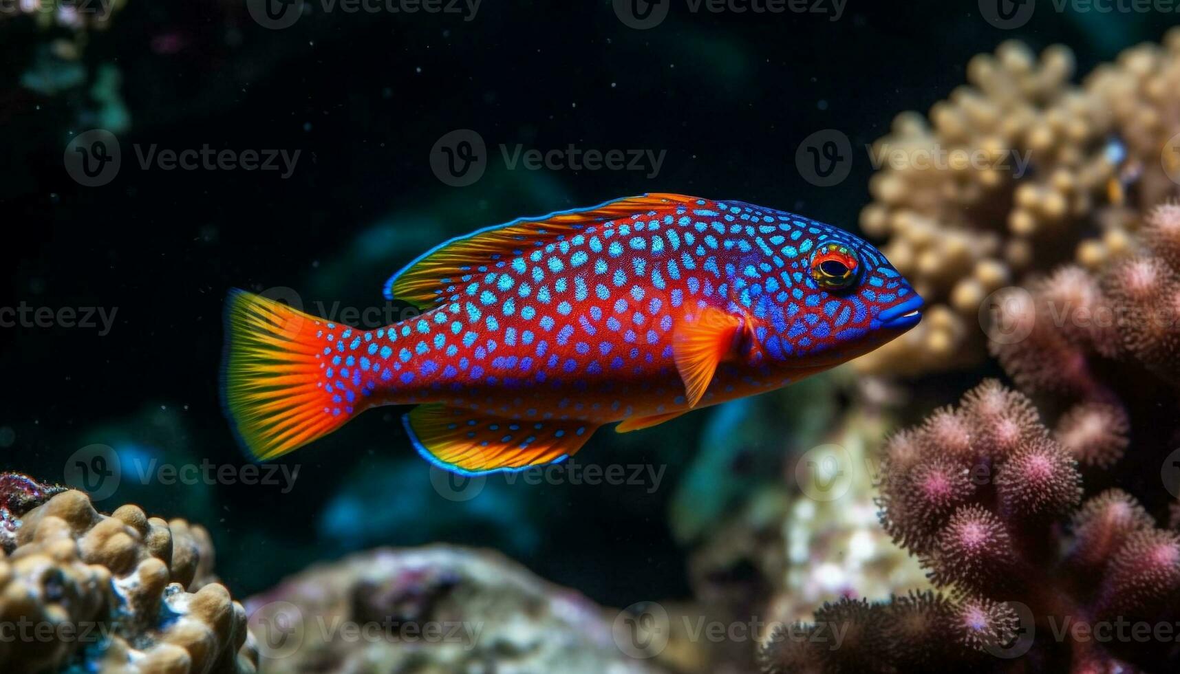 AI generated Underwater fish in nature, multi colored reef, swimming in blue water generated by AI photo