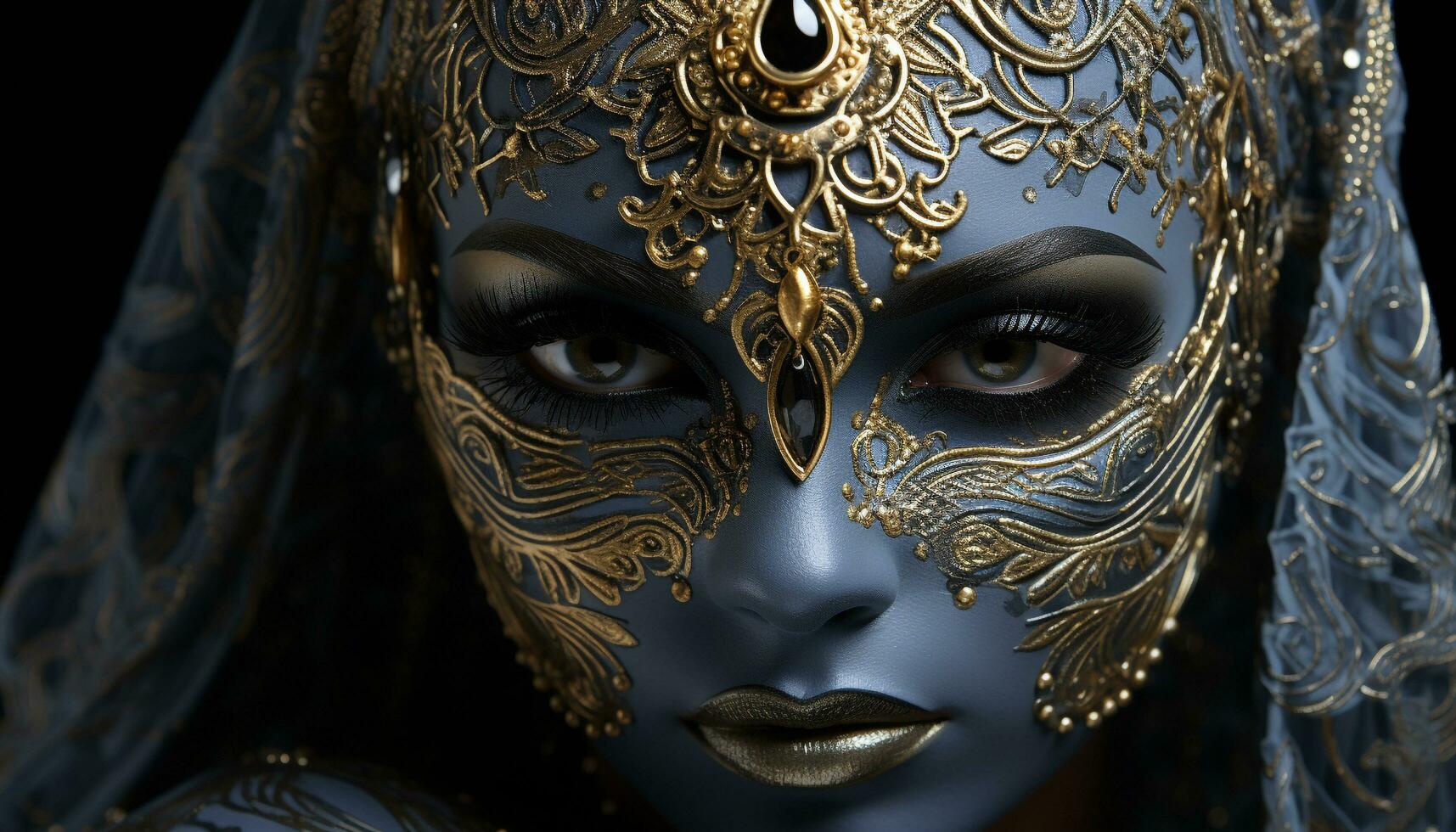 AI generated A beautiful woman wearing a golden mask exudes elegance and mystery generated by AI photo