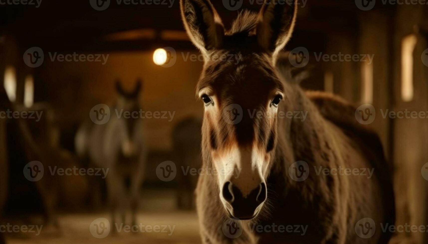 AI generated Cute donkey on a farm, looking at camera in nature generated by AI photo