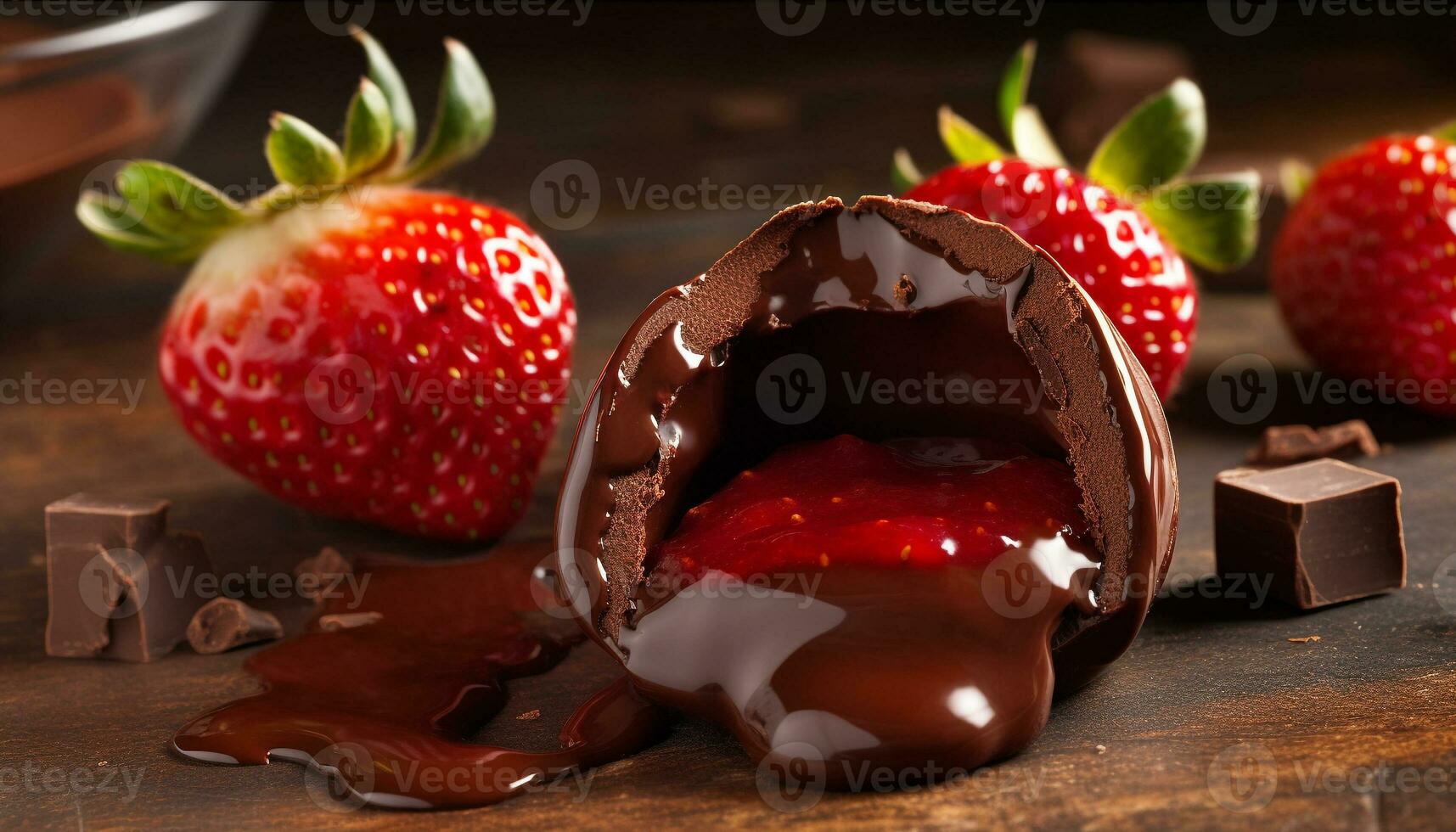 ai generado indulgente postre Fresco fresa sumergido en oscuro chocolate en rústico mesa generado por ai foto