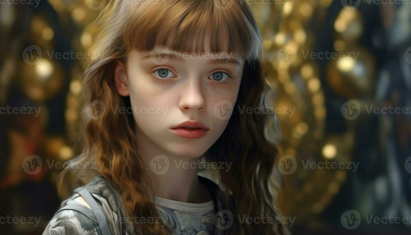 AI generated One cute Caucasian girl looking at camera, smiling with elegance generated by AI photo
