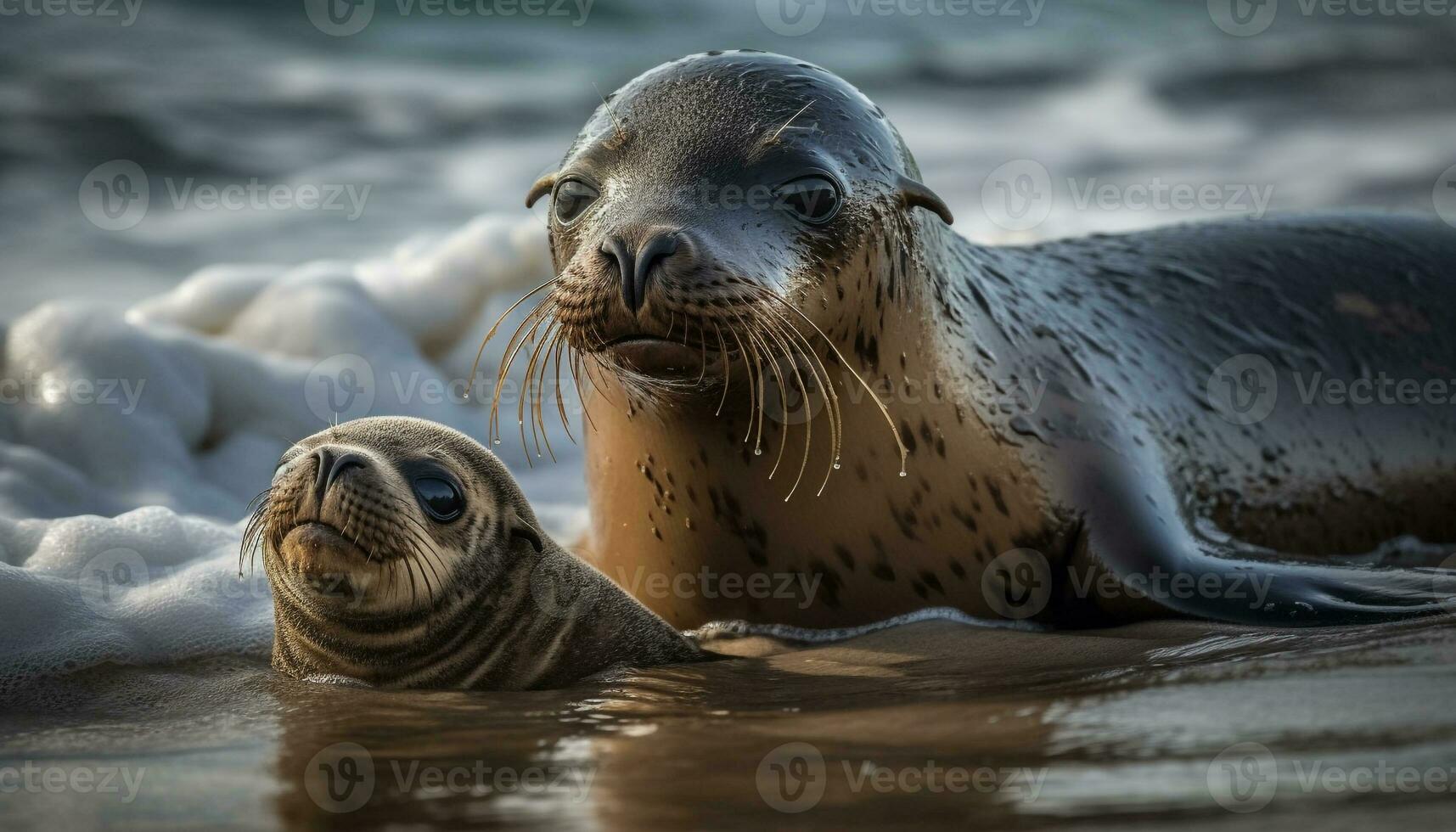 AI generated Cute seal pup resting on snowy coastline, looking at camera generated by AI photo
