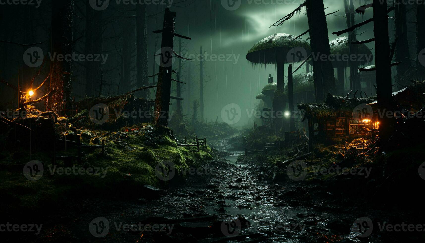 AI generated Spooky dark forest, mystery in nature, horror night landscape generated by AI photo