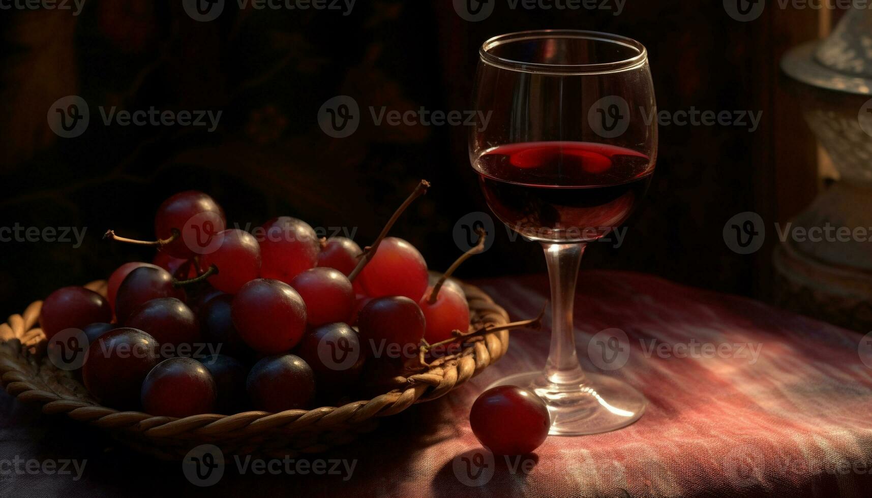 AI generated Fresh grape on wooden table, a glass of wine awaits generated by AI photo