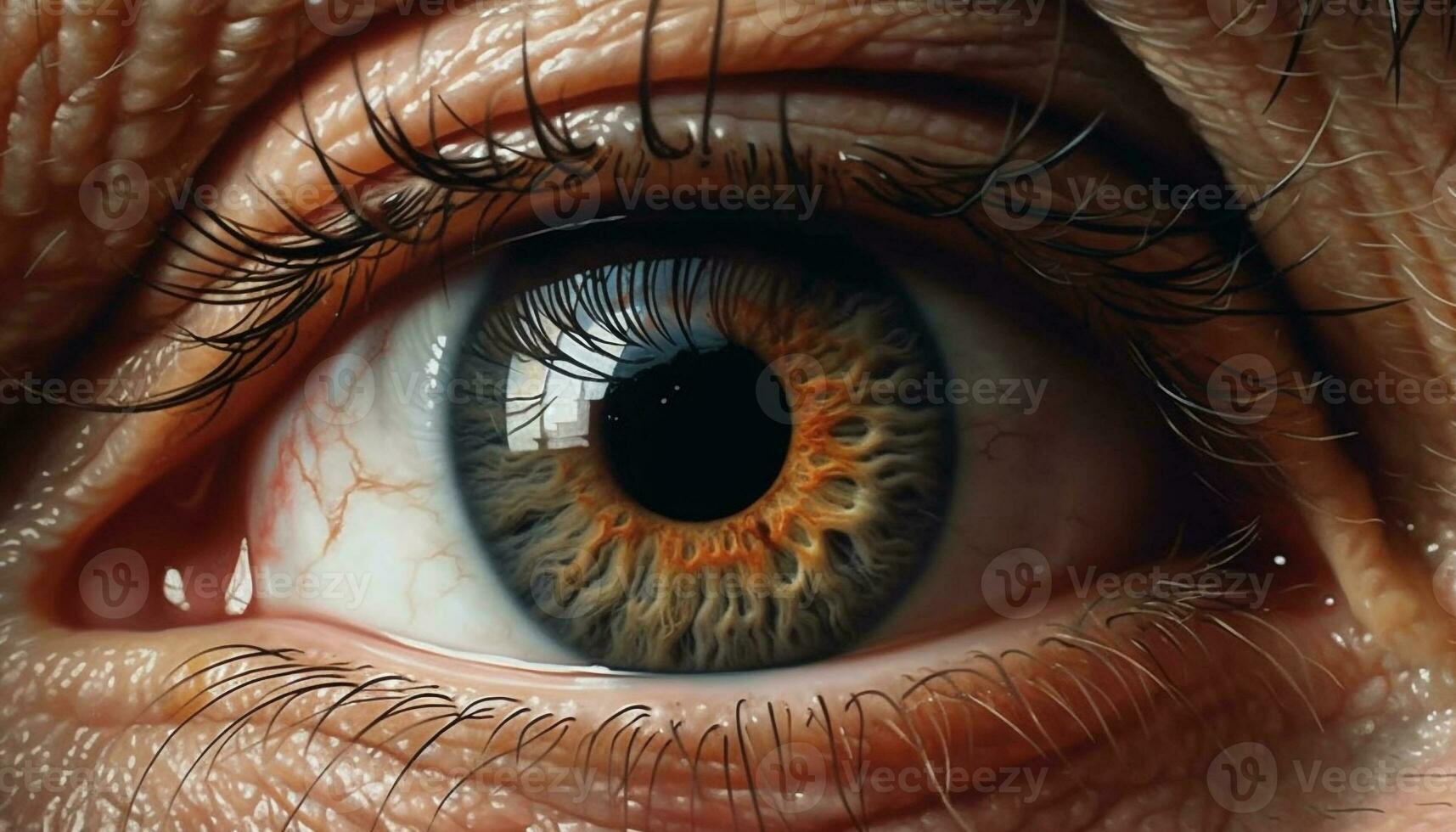 AI generated Close up of a caucasian adult blue eye staring at camera generated by AI photo